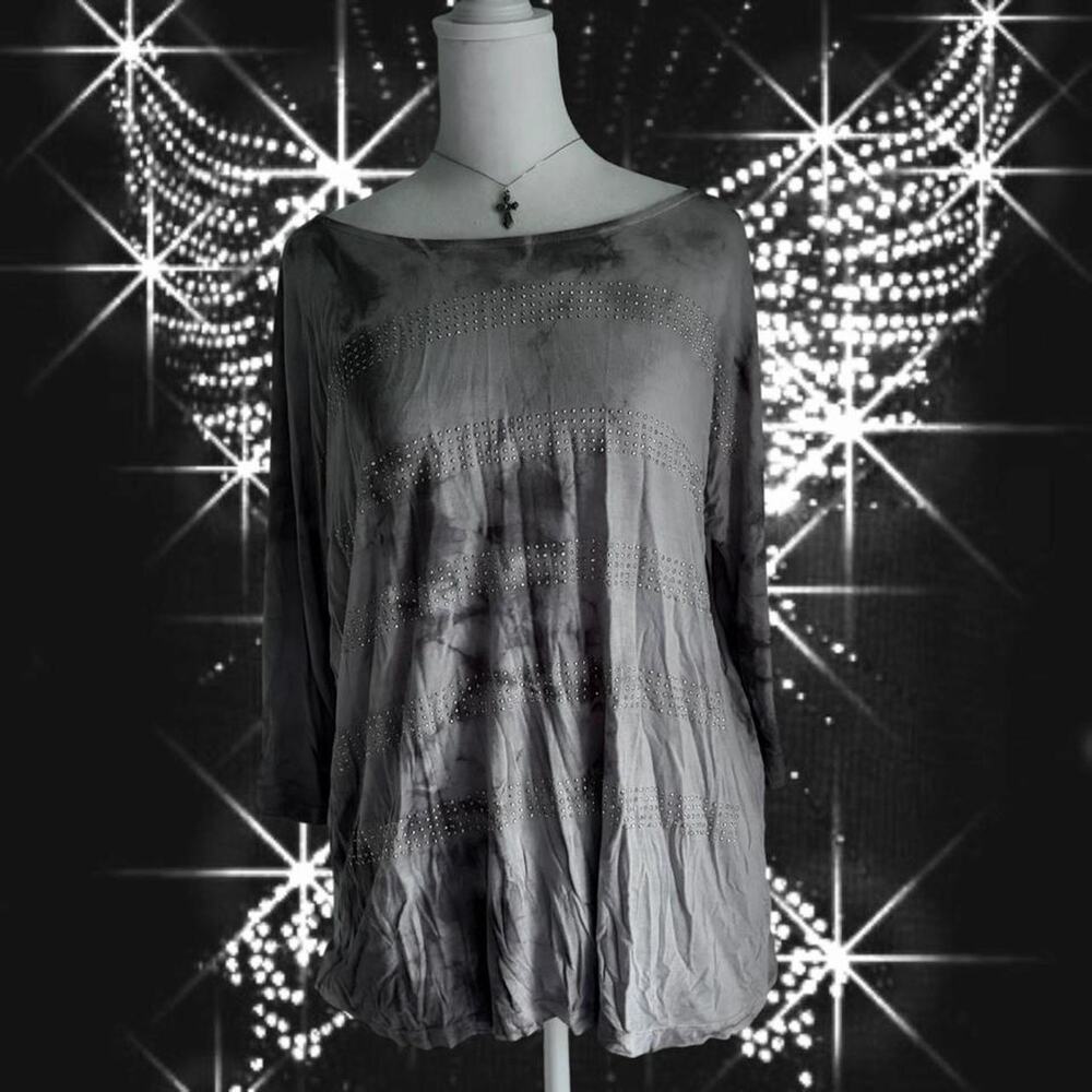 bedazzled grey dusty white watercolor tie dye embellished whimsical glam blouse